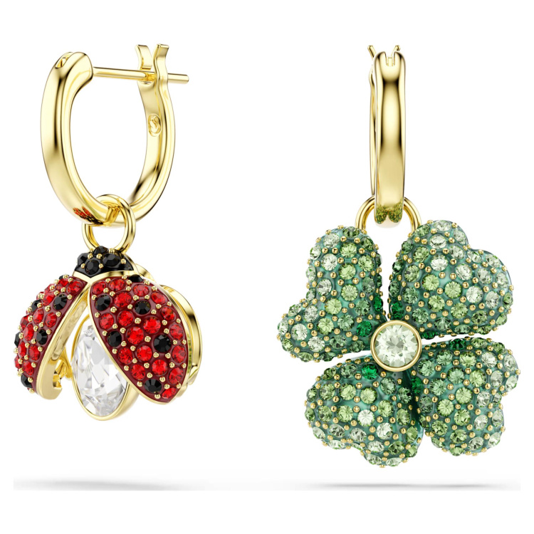 Idyllia drop earrings Set (3), Ladybug, Clover, Strawberry, Multicolored, Gold-tone plated